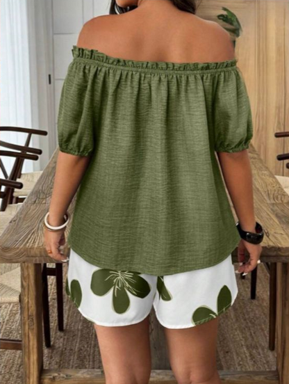 Plus Size Off-Shoulder Blouse & Floral Print Shorts Set